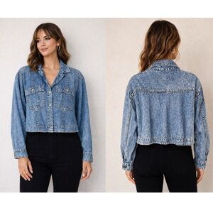 Vintage Lizwear Denim Shirt Jacket Cropped Peplum Stone Wash Lightweight 90s M